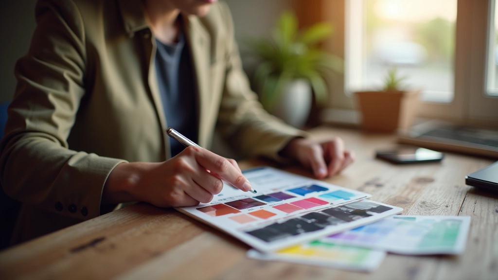 Designer working with color palette swatches on digital tablet and notebook