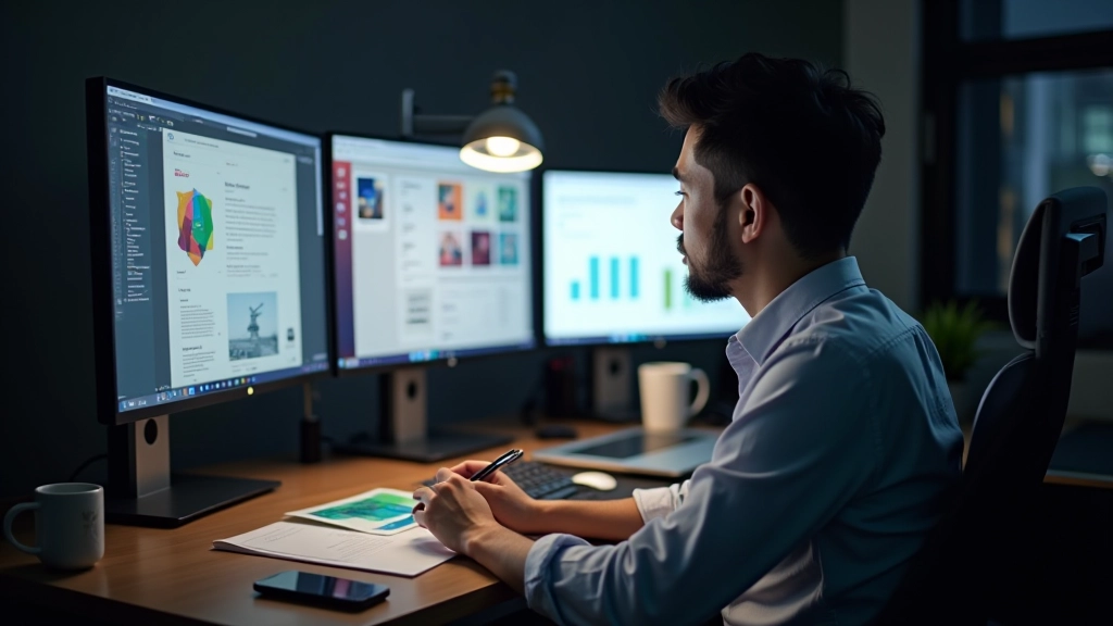 Designer analyzing typography specimens and color theory documentation on multiple monitors