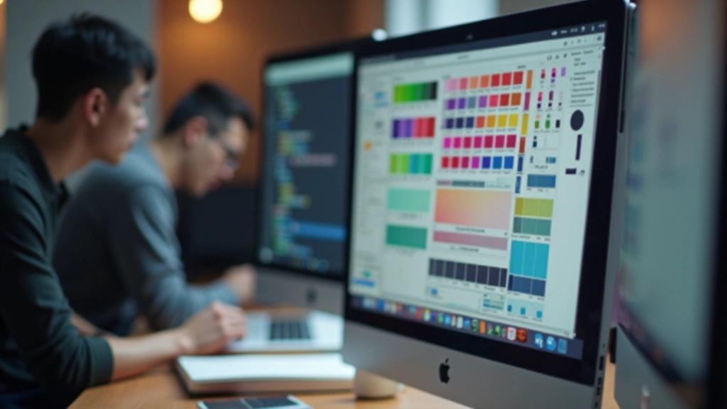 Designer's computer screen displaying color palette swatches in organized design system, multiple color variations displayed