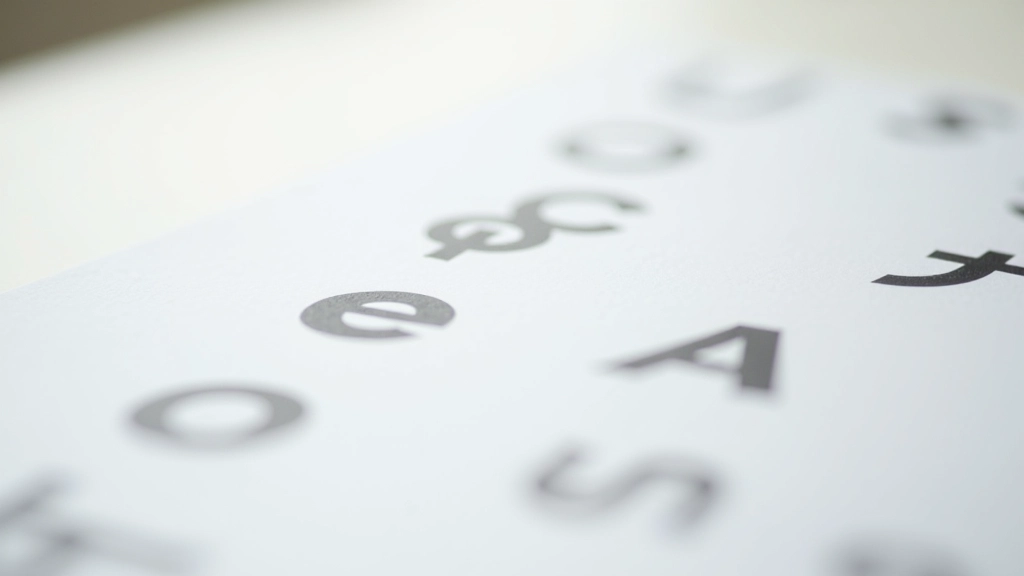 Close-up of printed typography samples showing different font weights and styles arranged on a light background